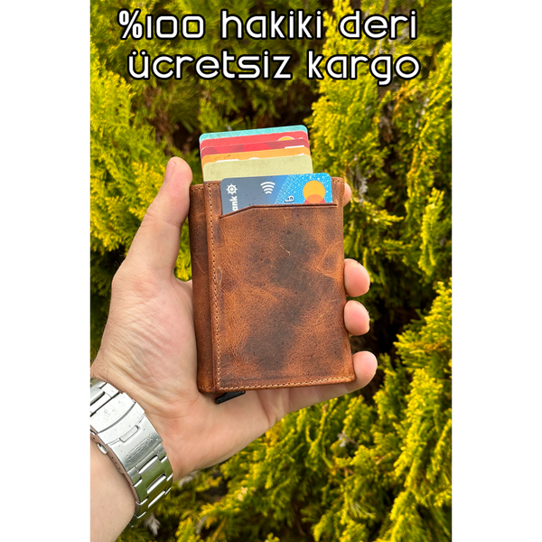 Erkek Hakiki Deri Camel Cüzdan Retro Crazy Kart Mekanizmalı Gerçek Deri Cüzdan