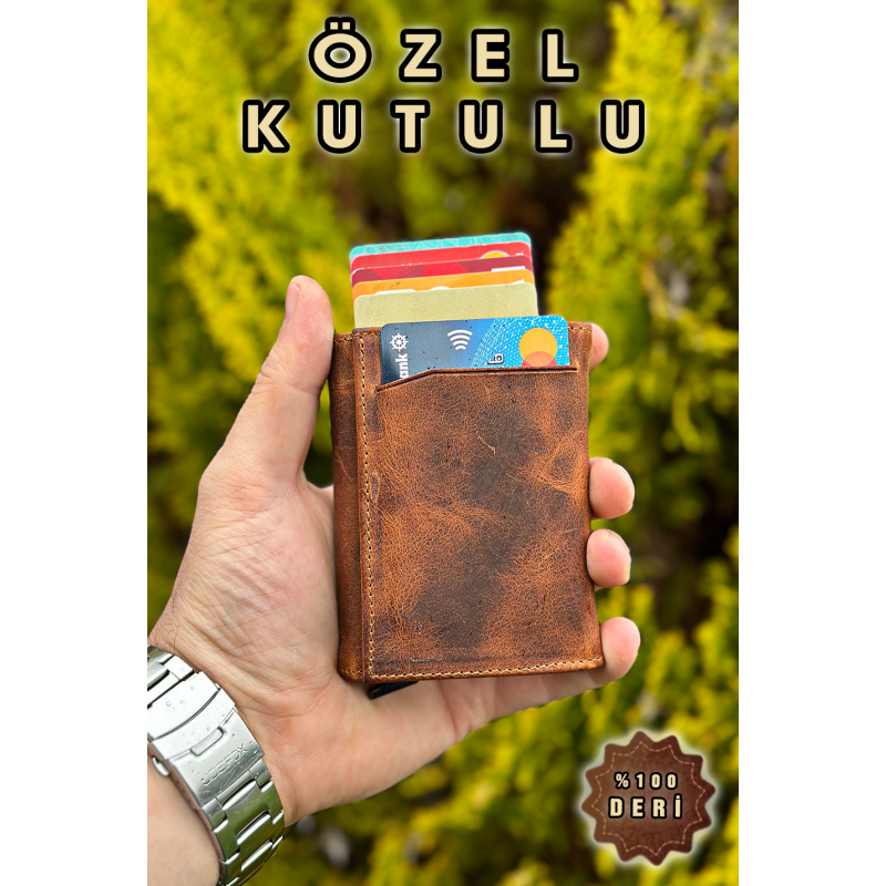 Erkek Hakiki Deri Camel Cüzdan Retro Crazy Kart Mekanizmalı Gerçek Deri Cüzdan