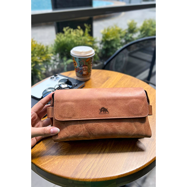 Hakiki Deri Unisex El Çantası Taba Telefon Bölmeli ve Fermuarlı