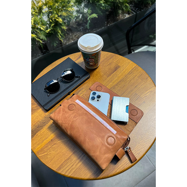 Hakiki Deri Unisex El Çantası Taba Telefon Bölmeli ve Fermuarlı