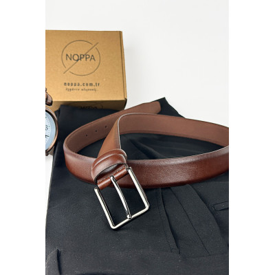 Erkek Hakiki Deri Kemer Kahverengi Klasik Kumaş Pantolon Kemeri 3.5 Cm Gerçek Deri - 6
