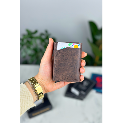 Kahverengi Kart Mekanizmalı Retro Erkek Hakiki Deri Cüzdan - 2