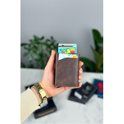 Kahverengi Kart Mekanizmalı Retro Erkek Hakiki Deri Cüzdan - 1