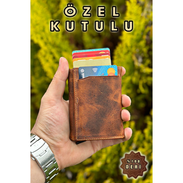 Erkek Hakiki Deri Camel Cüzdan Retro Crazy Kart Mekanizmalı Gerçek Deri Cüzdan
