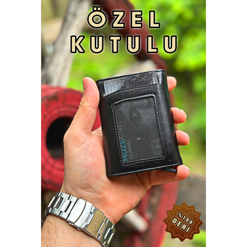 Hakiki Deri Siyah Mekanizmalı Erkek Cüzdan Retro Gerçek Deri Cüzdan