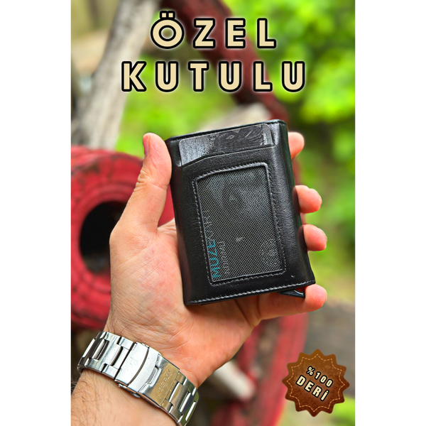 Hakiki Deri Siyah Mekanizmalı Erkek Cüzdan Retro Gerçek Deri Cüzdan