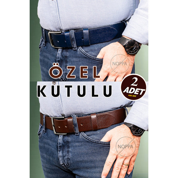 Hakiki Deri Erkek Kot Kemeri 2'li Lacivert & Kahverengi