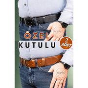 Hakiki Deri Erkek Kot Kemeri 2'li Siyah & Taba