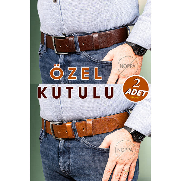 Hakiki Deri Erkek Kot Kemeri 2'li Taba & Kahverengi