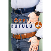 Hakiki Deri Erkek Kot Kemeri 2'li Taba & Lacivert