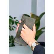 Hakiki Deri Kadın Deri Cüzdan Haki Renk Fermuarlı Telefon Bölmeli Unisex Deri Cüzdan
