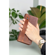 Hakiki Deri Kadın Deri Cüzdan Crazy Taba Fermuarlı Telefon Bölmeli Unisex Deri Cüzdan