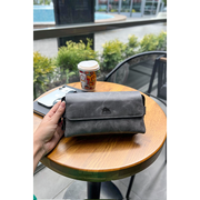 Hakiki Deri Unisex Antrasit El Çantası Telefon Bölmeli ve Fermuarlı
