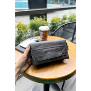 Hakiki Deri Unisex Antrasit El Çantası Telefon Bölmeli ve Fermuarlı